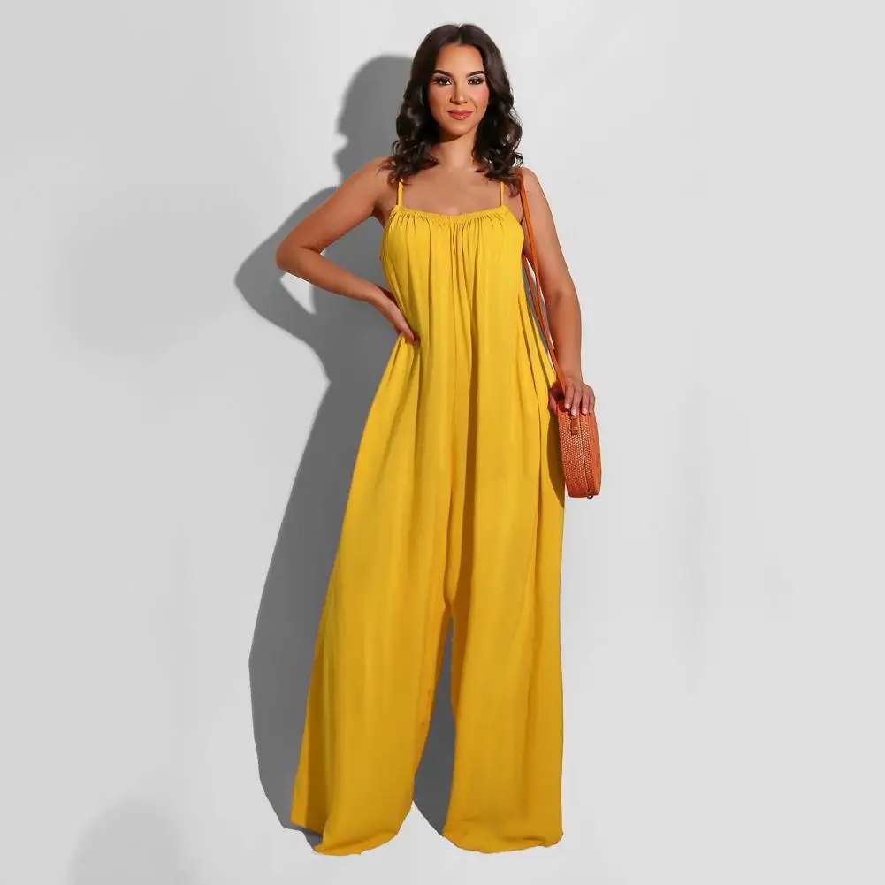 

Relaxed Fit Jumpsuit Elegant Backless Spaghetti Strap Jumpsuit with Wide Leg Pleated Detailing Stylish Solid Color for Women