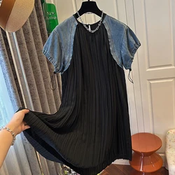 French Niche Retro Short-sleeved Stitching Denim Dress Women 2024 Summer Slimming Chic Casual Long Skirt Women's Clothing