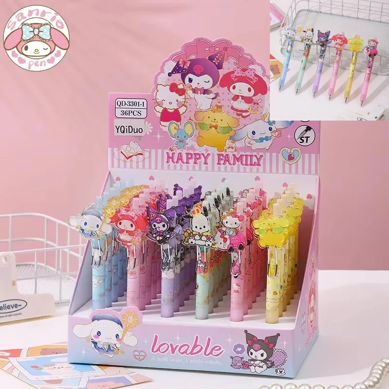 

Sanrio 36 шт. гелевая ручка 0,5 мм, черная милая Kuromi Melody Hello Kitty, акриловая ручка-пресс для девочек, ценные канцелярские принадлежности, студенческие подарки