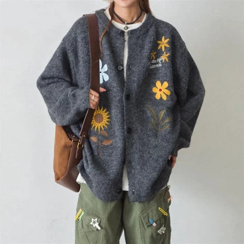 Women Floral Embroidery Knit Cardigan Long Sleeve Round Neck Button Loose Knitted Outerwear