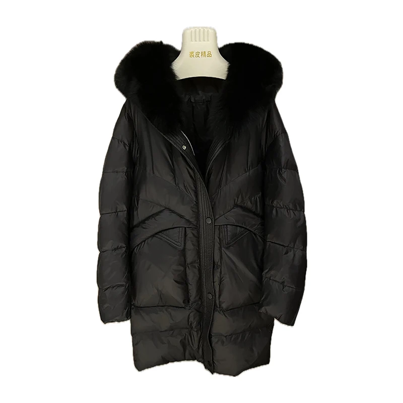 FASHION WOMEN PARKA goose down coat 2024 new design middle length black color with real natural fox collar