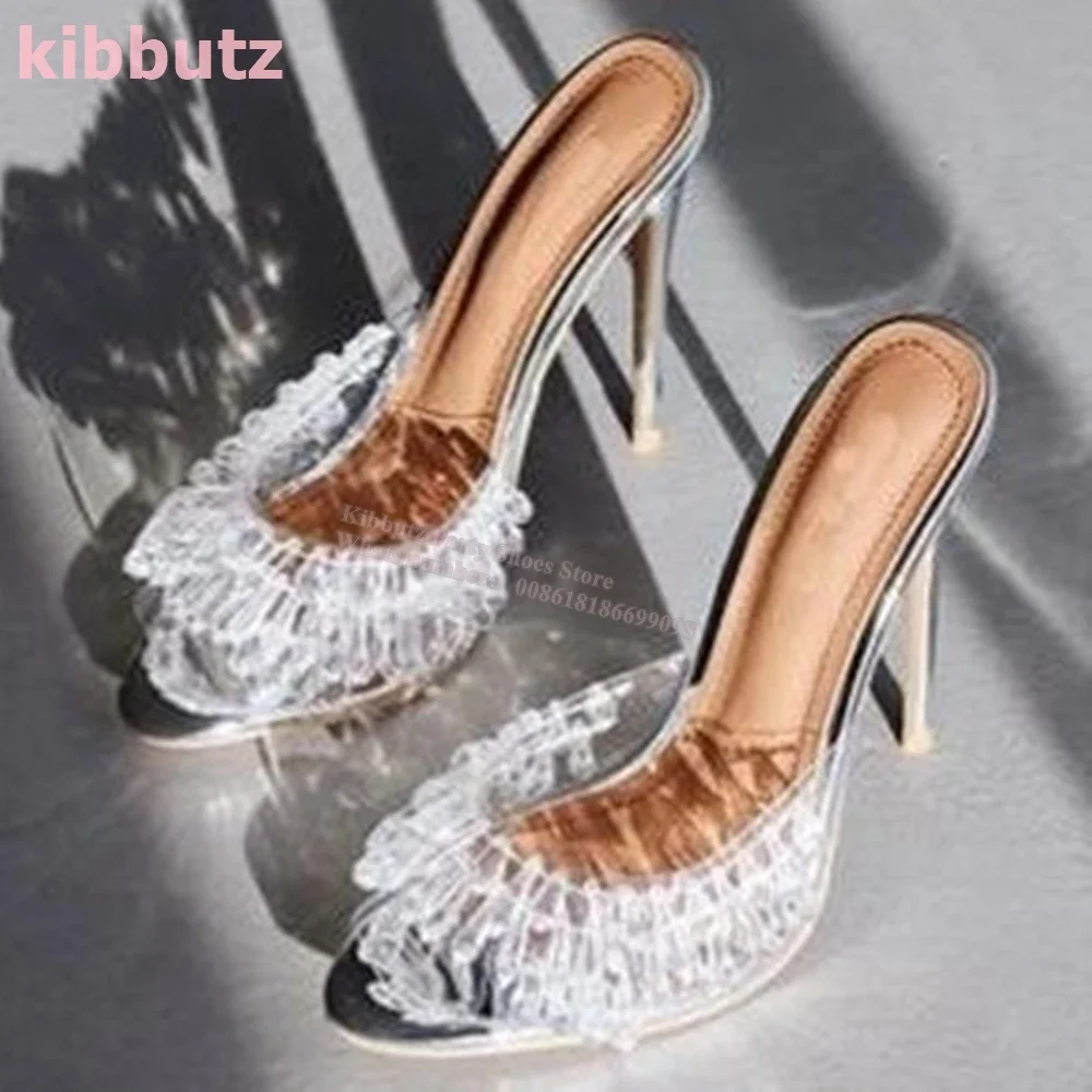 Glossy Crystal Slipper Sandals Rhinestone Slip-On Pointed Toe Thin Heels Genuine Leather Hollow Fashion Luxury Sexy Women Shoes