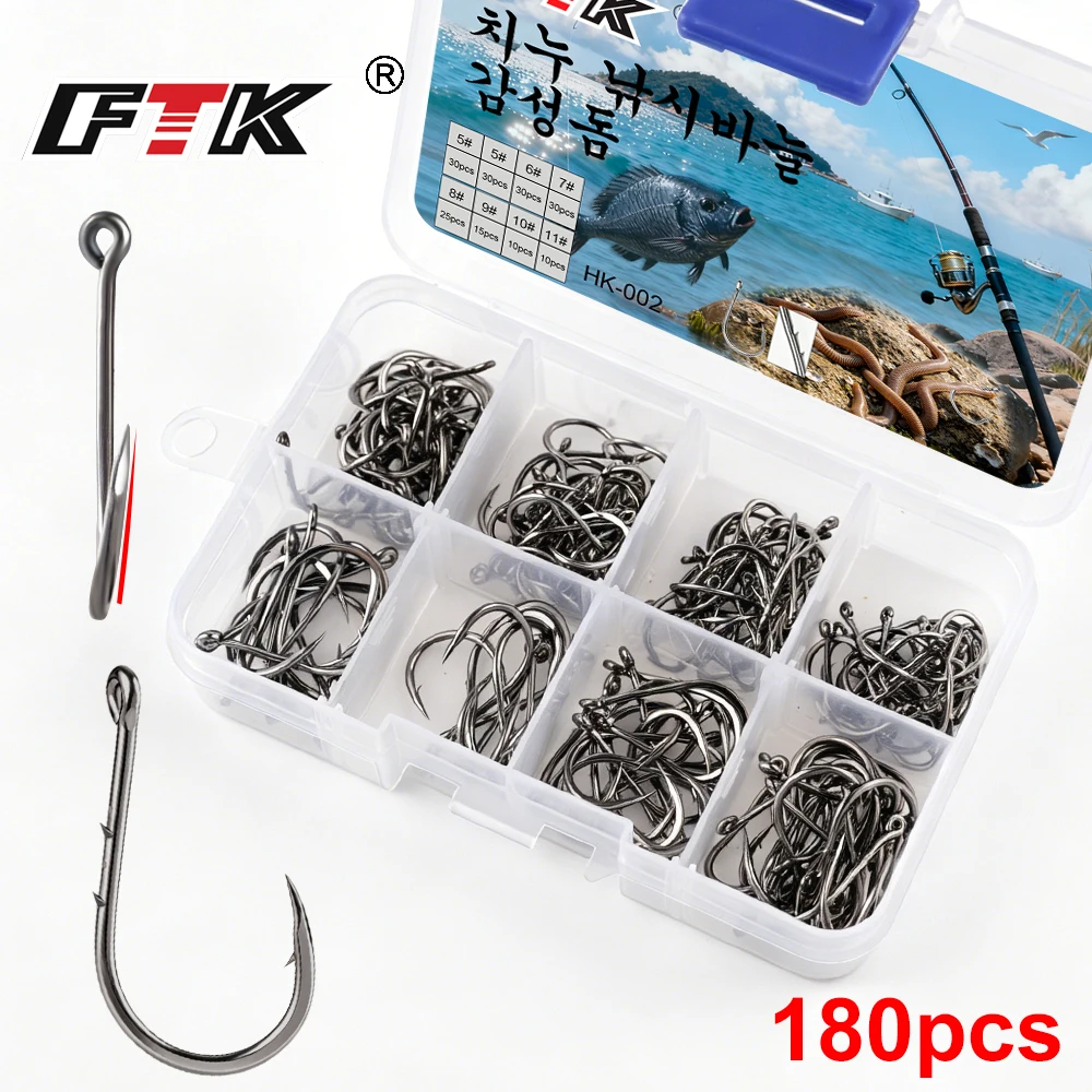 FTK 180 Stück/Box FishTrip Köderhalter Angelhaken Wurmhaken aus Hochkarbon-Stahl für Brassen, Kabeljau, Brandungsfisch und Seebarsch