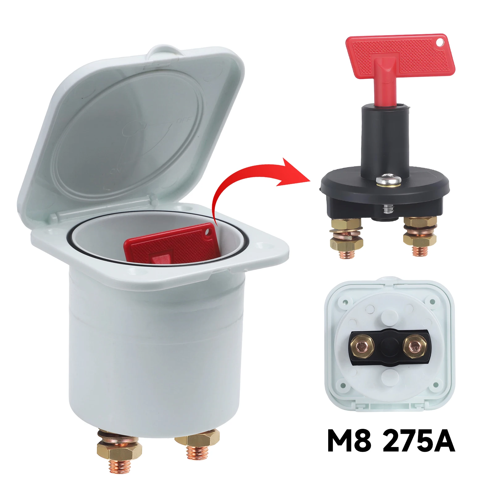 

275A 12V-24V Battery Isolator Main Power Disconnect Switch M8 Stud White Enclosed Removable Key For Marine Boat RV Caravan ABS