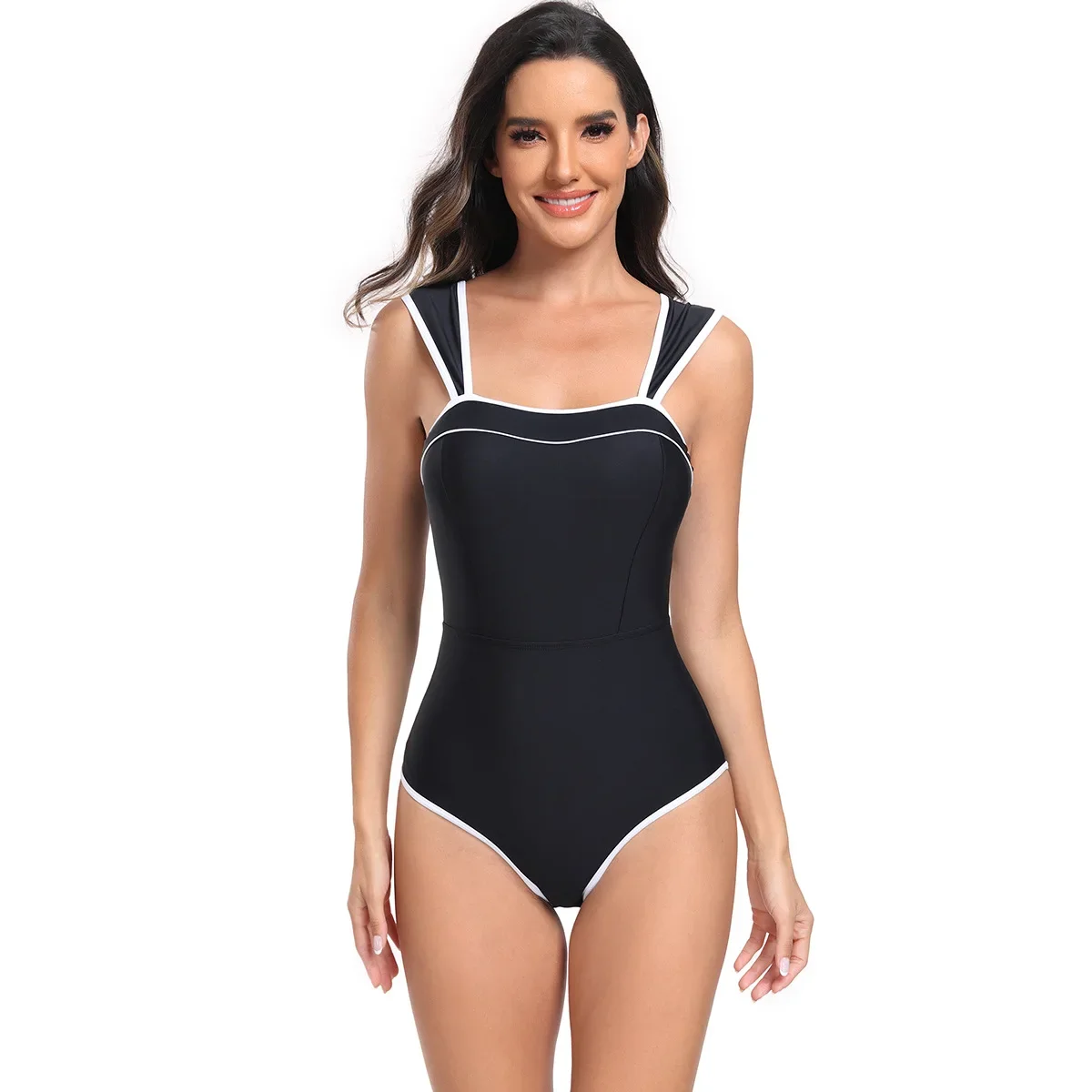 New Ladies One Piece Swimsuit Elegant British Retro Style Black And White Slim Cover Belly Women Beach Spa Swimwear Bikinis Set