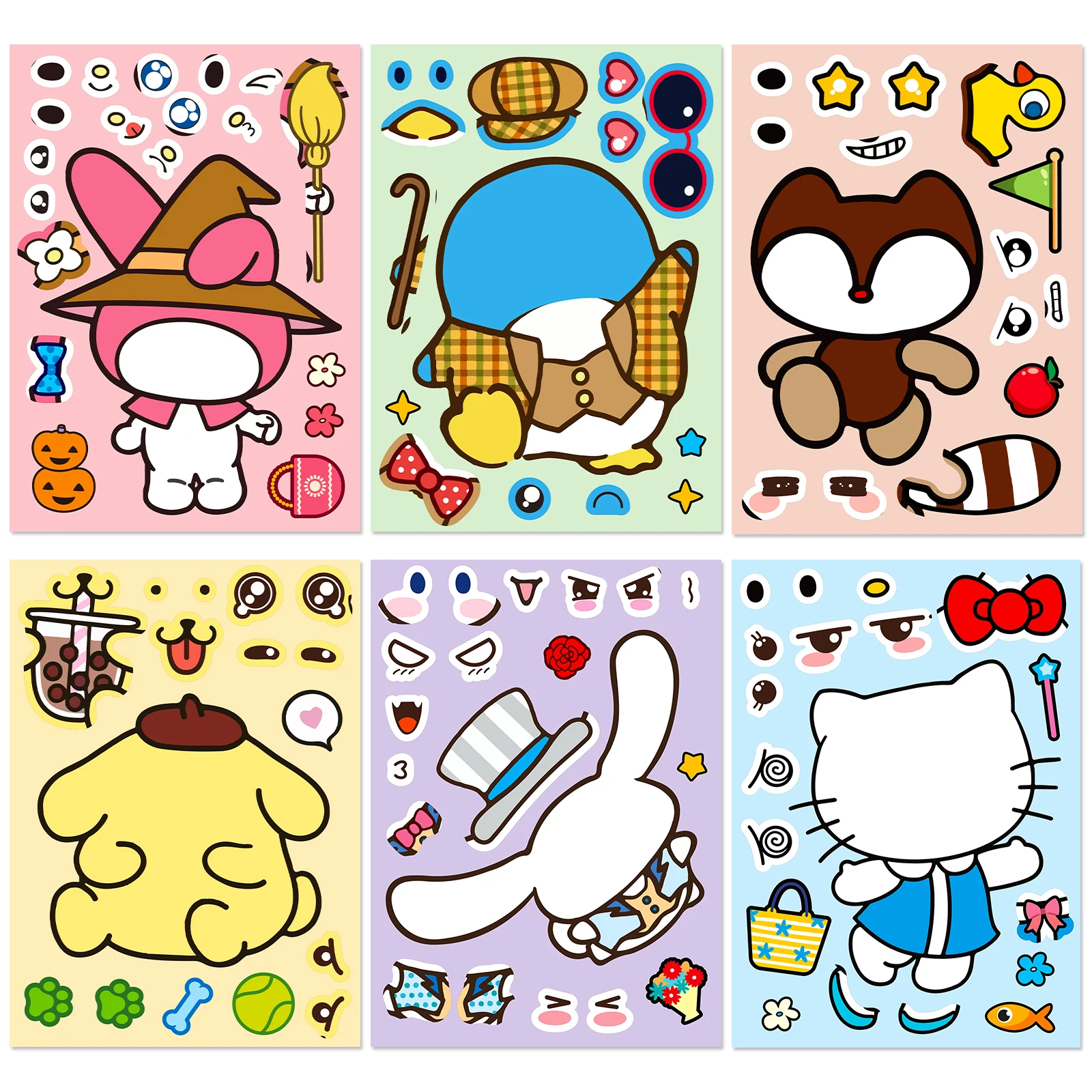 6/12 Vellen Schattige Sanrio Hello Kitty Pompompur Puzzel Anime Stickers Make-A-Face Assembleren Grappige Cartoon Decal Puzzel Kinderen Cadeau