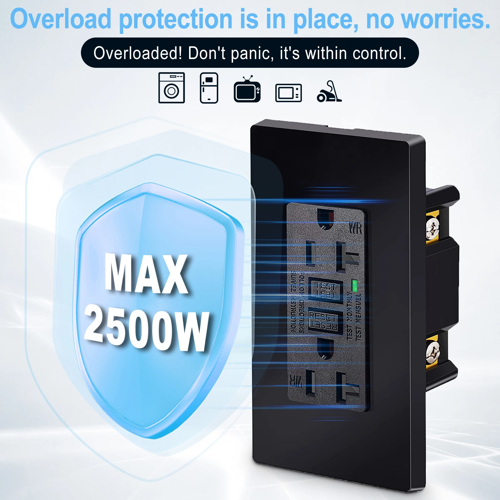 

20-амперная розетка GFCI, черная/белая защитная розетка с настенной панелью, прерыватель заземляющей цепи, внесенная в список ETL, безопасная розетка TR WR