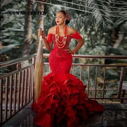Newfangled Red Off The Shoulder Aso Ebi Evening Dresses Beads African Wedding Dress Mermaid With Tiered Ruched Train Customized