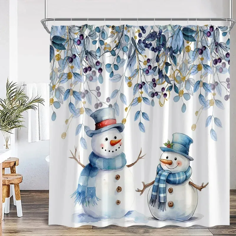 

JHB23Cute Christmas Snowman Shower Curtain Winter Snowflake Gifts Blue Leaves New Year Home Bathroom Curtains Decoration Wit9Kj(