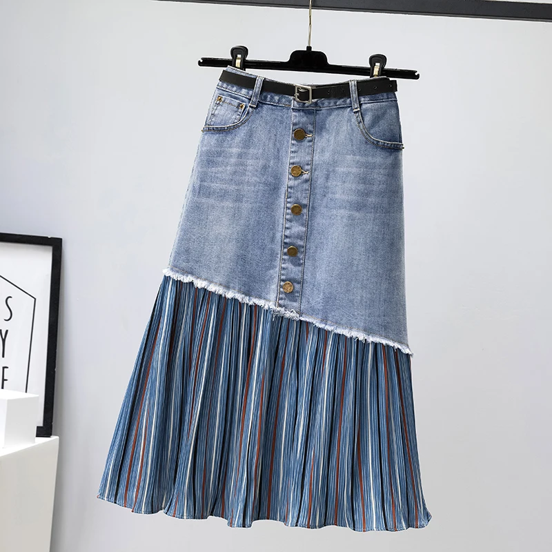 High Waist Slim Women Denim Skirts 2025 New Spring Summer A-line Splicing Long Female Pleated Jean Skirt M-3XL