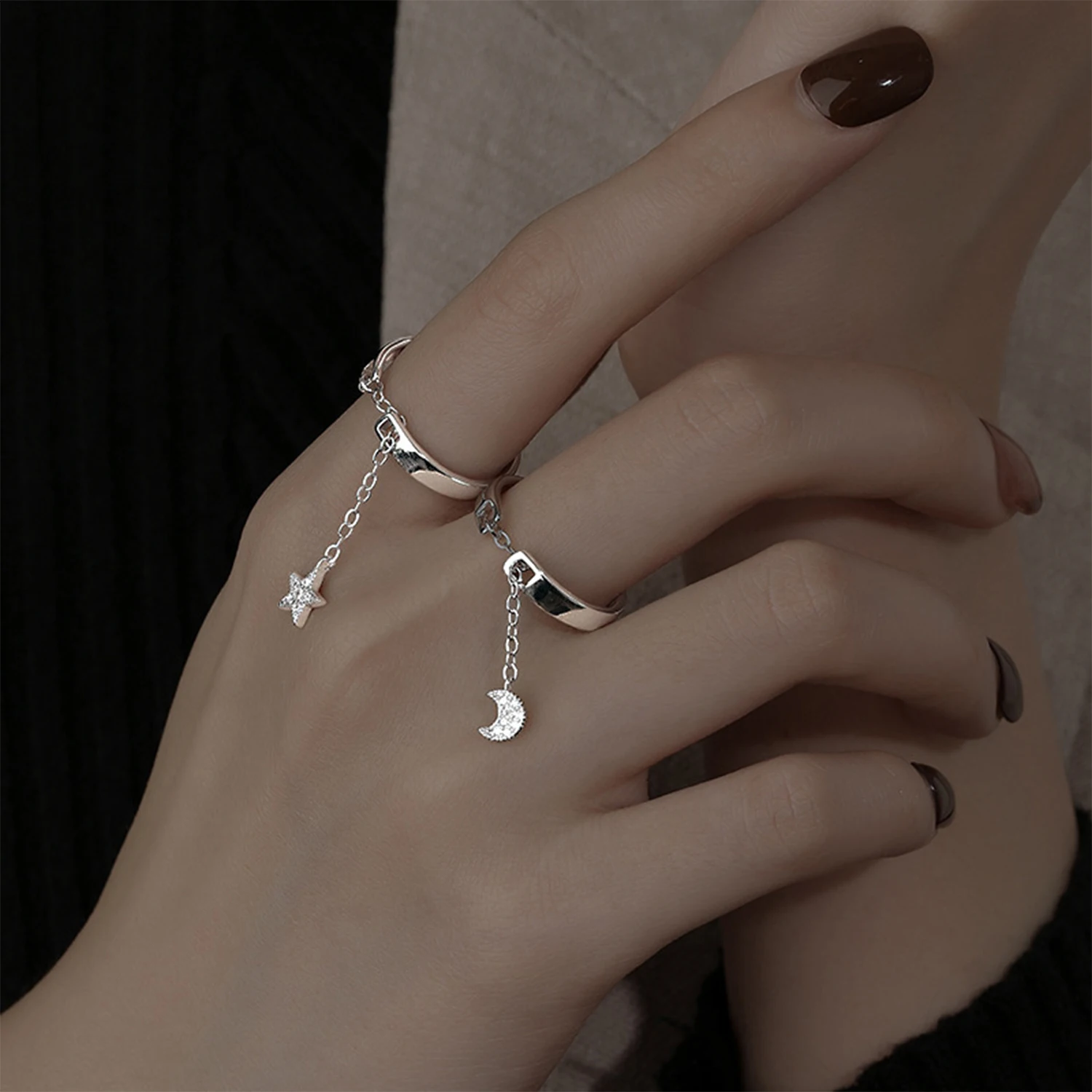 Korean Fashion Moon Star Chain Tassels Ring Adjustable Simple Women Finger Ring Minimalist Trendy Ins Silver Color Jewelry