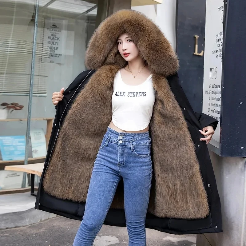 2023Winter New Pai Overcome Women Coat Long Fur Jacket Liner Removable Fox-like Fur Collar Wool Coat Female Parkas Thickened Top