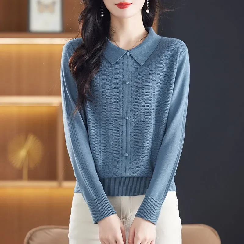 

Long-sleeved Women Loose 2025 Autumn Clothes Mother Thin Top Fashionable Polo Collar Knitted Base Shirt