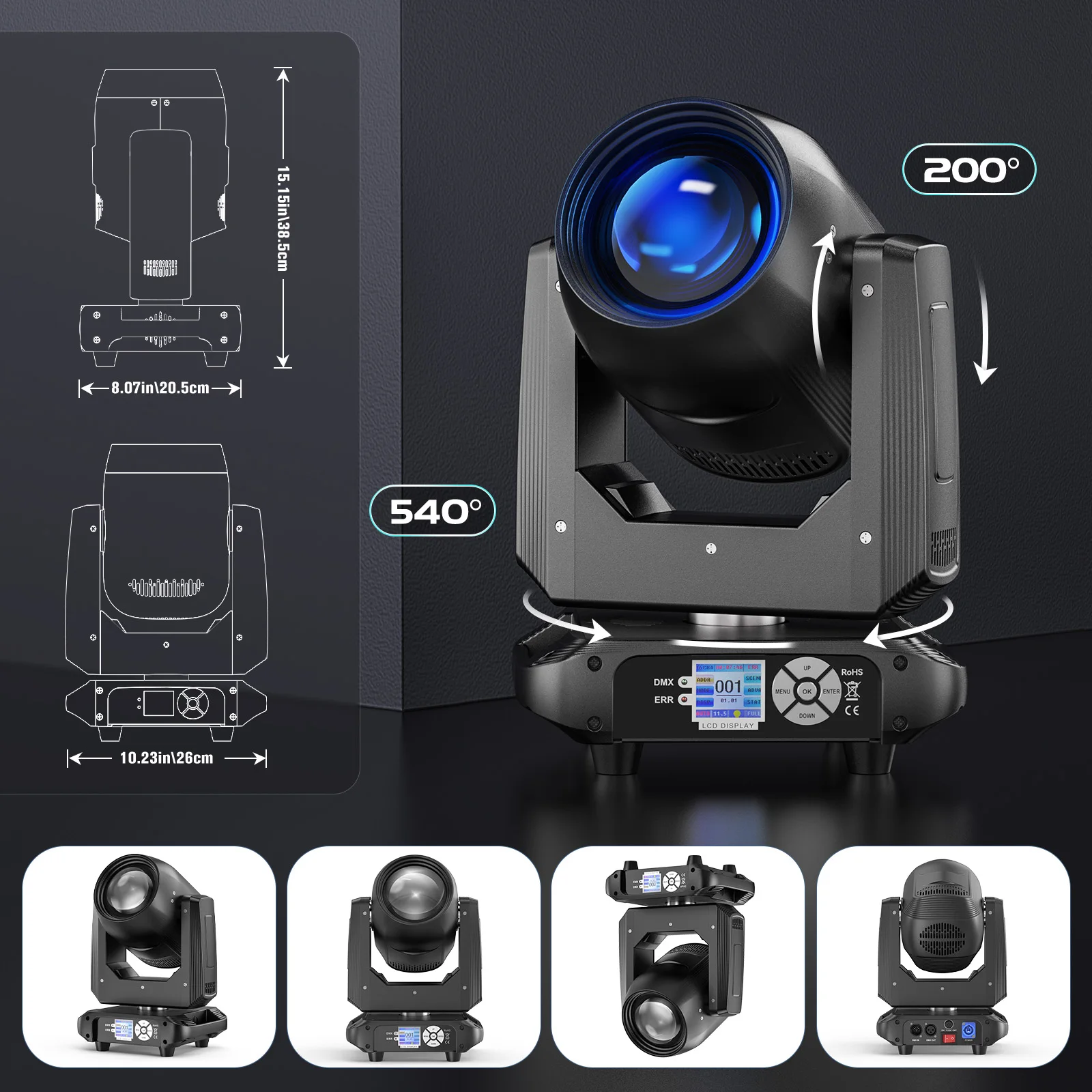 U\'King 150W Beam Moving Head Light Rotating 18 Prisms 14 Gobos LED Rainbow Effect Zoom Stage Light DMX512 for DJ Disco Wedding