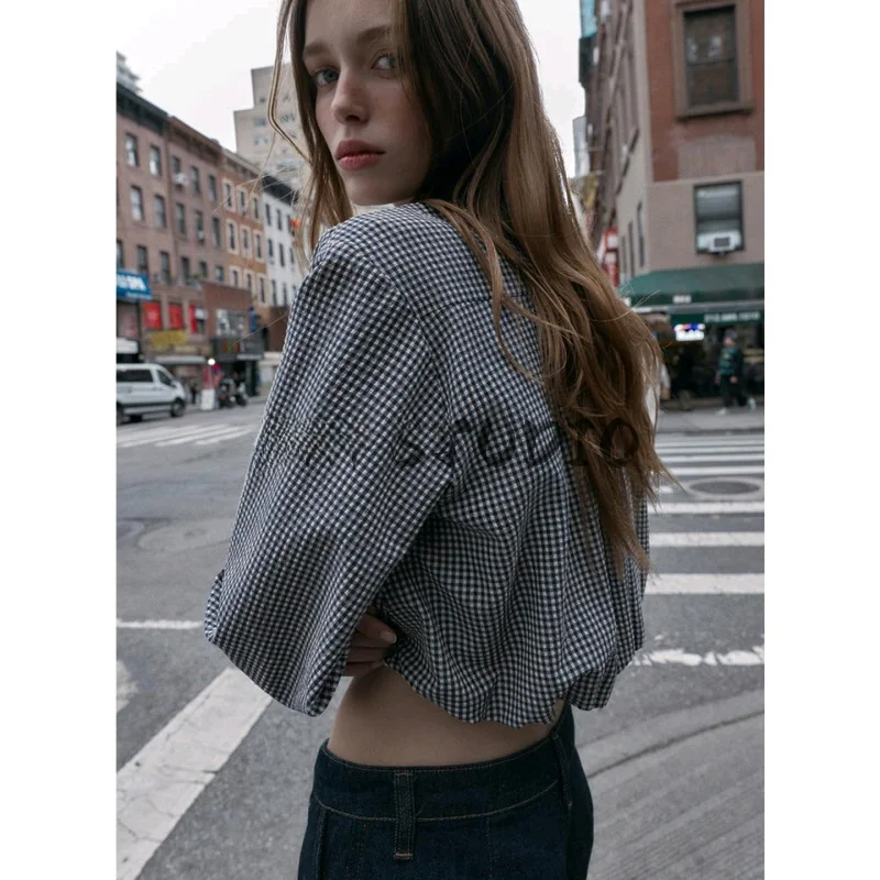 Winter New Arrival Women's Commuter Sle Long Sve Collared Small Plaid Balloon irt Top French Sle Slim Fit Polyester