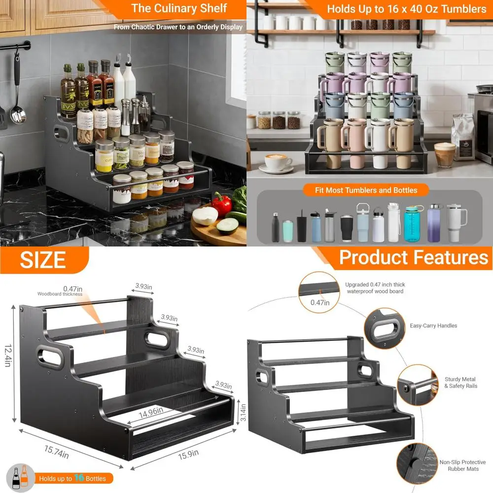 

Черная 16-дюймовая 4-ярусная деревянная полка для витрины для бутылок с алкоголем для домашнего бара и кухонной столешницы