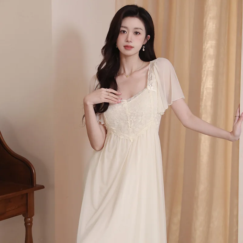 

Sweet Summer Mesh Nightdress Lace Sexy Women Short Sleeve Nightwear Fairy Long Solid Color Nightgown Casual Princess Sleepwear