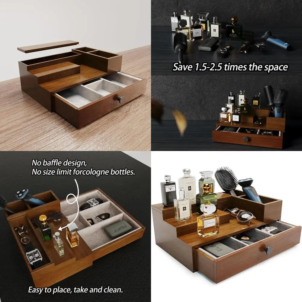 

3-Tier Men's Cologne Organizer with Velvet-lined Drawer and Secret Compartment, Brown