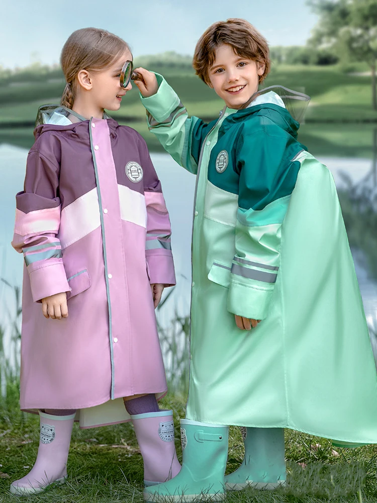 New Children\'s Waterproof Raincoat 1.2M-1.7M Student School Raincoat Splicing Seam Adhesive Kids Schoolbag Long Rain Coat