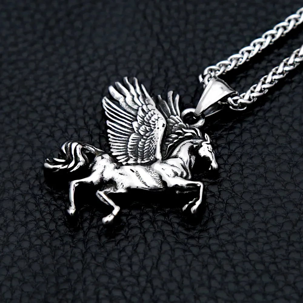 Vintage Greek Mythology Flying Winged Horse Pendant Necklace Stainless Steel Flying Unicorn Chain For Men Fashion Jewelry Gift