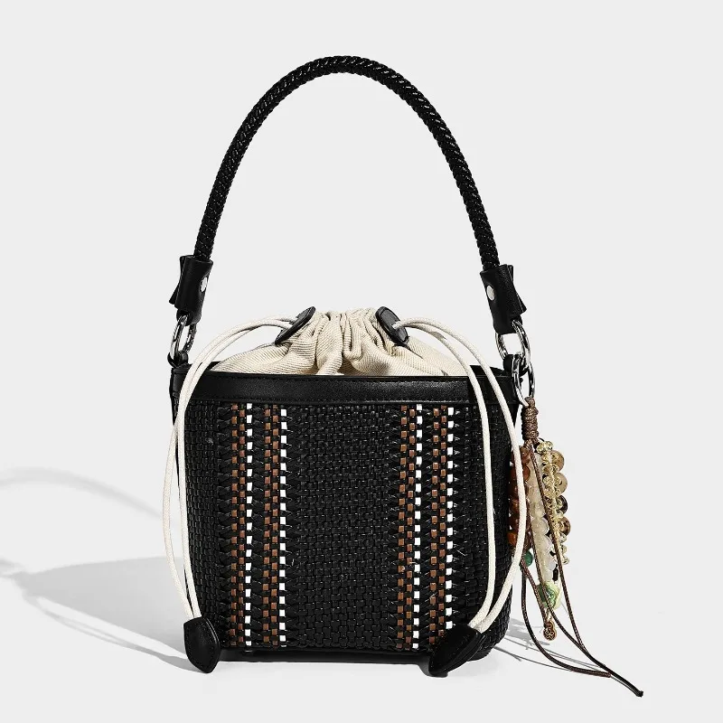 Fashion Woven Bucket Bag Women's Summer Vacation Rope Crossbody Handbag Beaded Pendant Single Shoulder Slant Bag