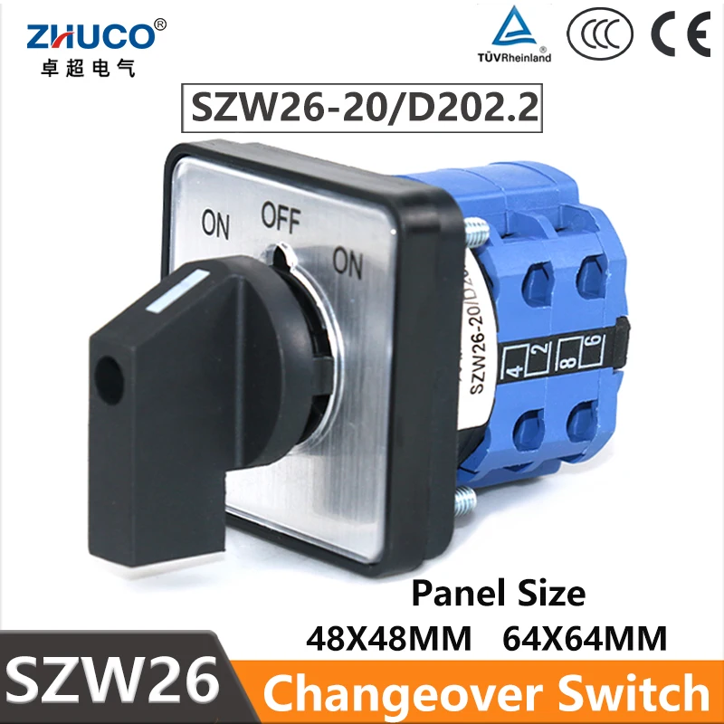 

ZHUCO SZW26/LW26-20 20A ON OFF ON 2 Phase 660V 64x64mm 48x48mm Panel Size Self-locking Transfer Rotary Selected Cam Switch