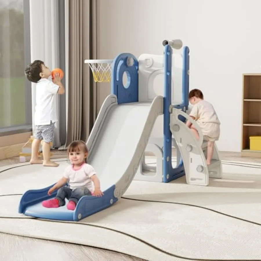 

Indoor outdoor toddler slide playset for ages 1-3, blue plastic, safe sturdy construction with basketball hoop, telescope, stor