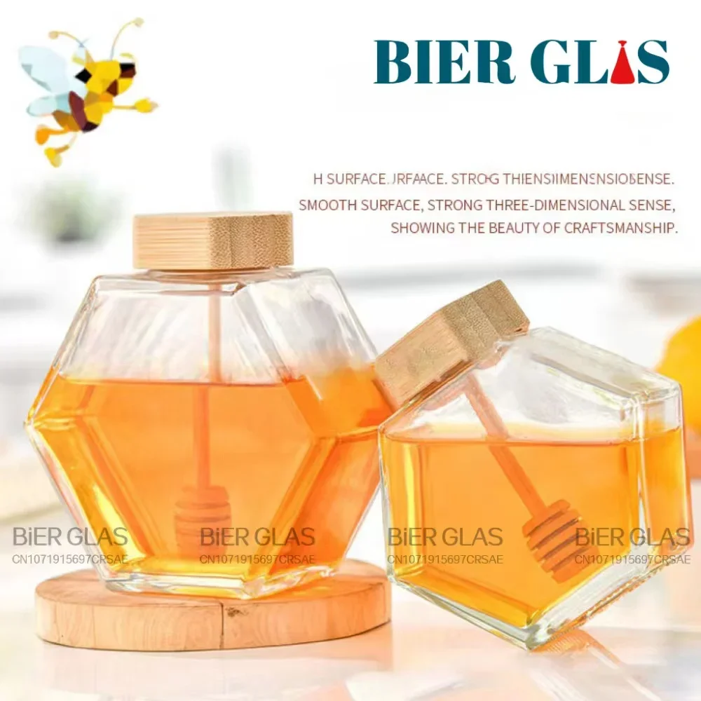 Hexagon Honey Jar 5 6pcs With Dipper Dispenser Glass Bottle Packaging Spoon Bamboo Lid Kitchen Storage Containers Containers Bot