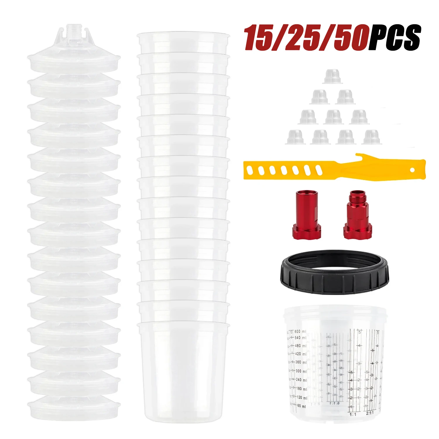 15/25/50Pcs Spray Gun Paint Mixing Cup H/O Quick Cup Spray Gun Tank 20.3oz/600ML Disposable Paint Cup with Adapter & Paint Stick