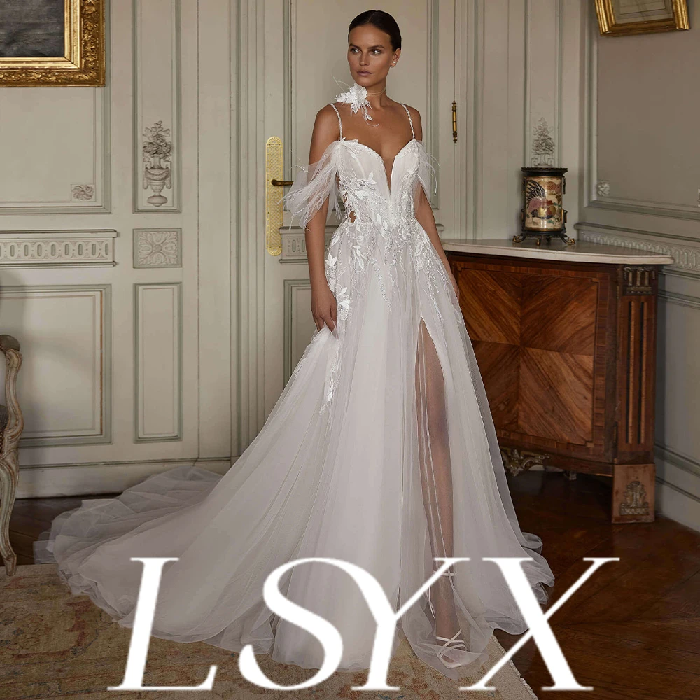 LSYX Customized Tulle Wedding Dress OffShoulder HighSlit Floral Decor Sheer Sleeves RomanticElegant Style BridalEvent Compatible