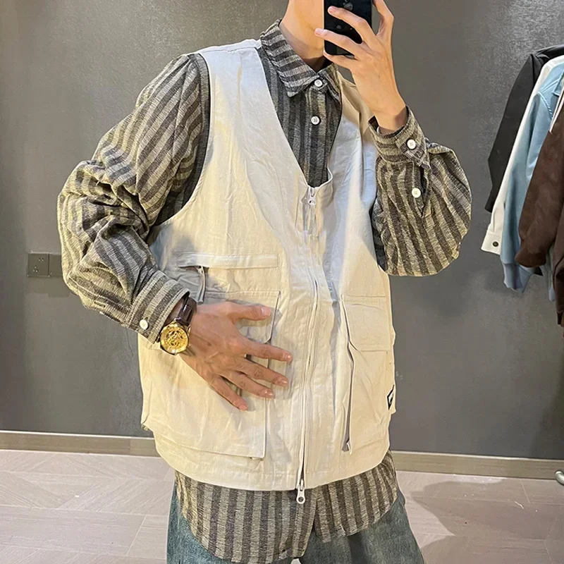 Vest Splice Stripe Long Sleeve Oversize Shirt Men Japanese Korean Streetwear Fashion Loose Casual Plus Size Cargo Shirts Blouses