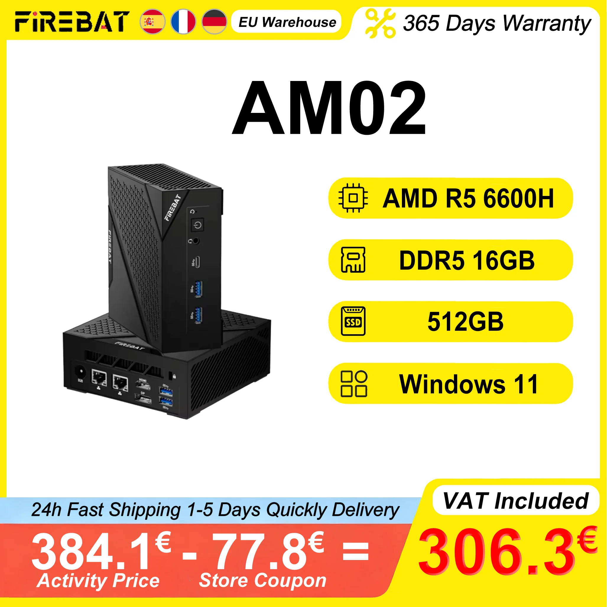 FIREBAT AM02 Mini PC AMD Ryzen 5 6600H DDR5 16GB RAM 512GB NVMe SSD Wi-Fi 6 BT5.2 4K @ 60Hz Przenośny