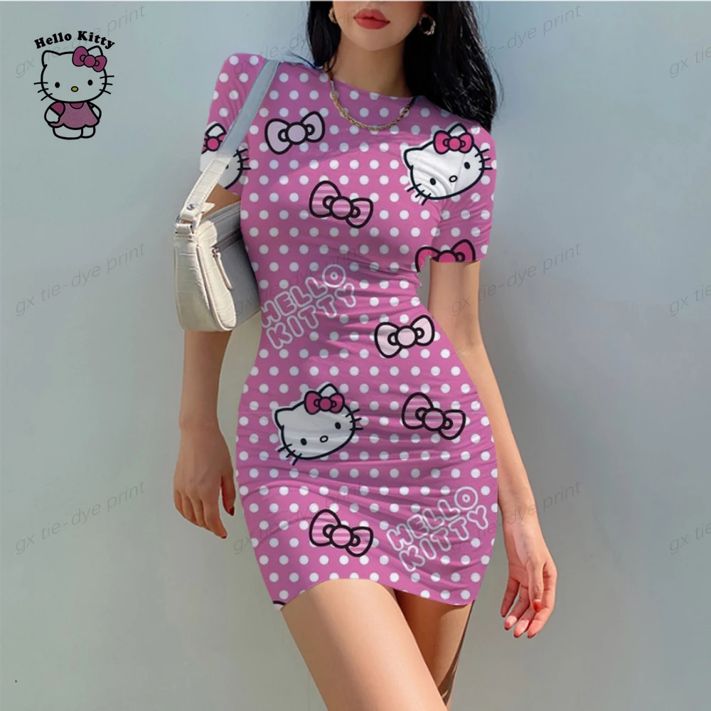 Summer Disney Hello Kitty Printed Girl Dress Short Sleeve Kids/Adult Parent-Child Dress Ladies Christmas Party Night Mini Dress