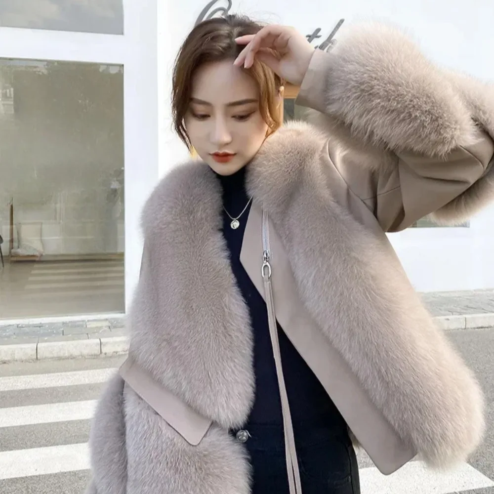 2025 NEW Autumn-Winter Fur One Female Fox Fur Coat Spliced Sheepskin Motorcycle Coat Thickened Warm Fox Fur