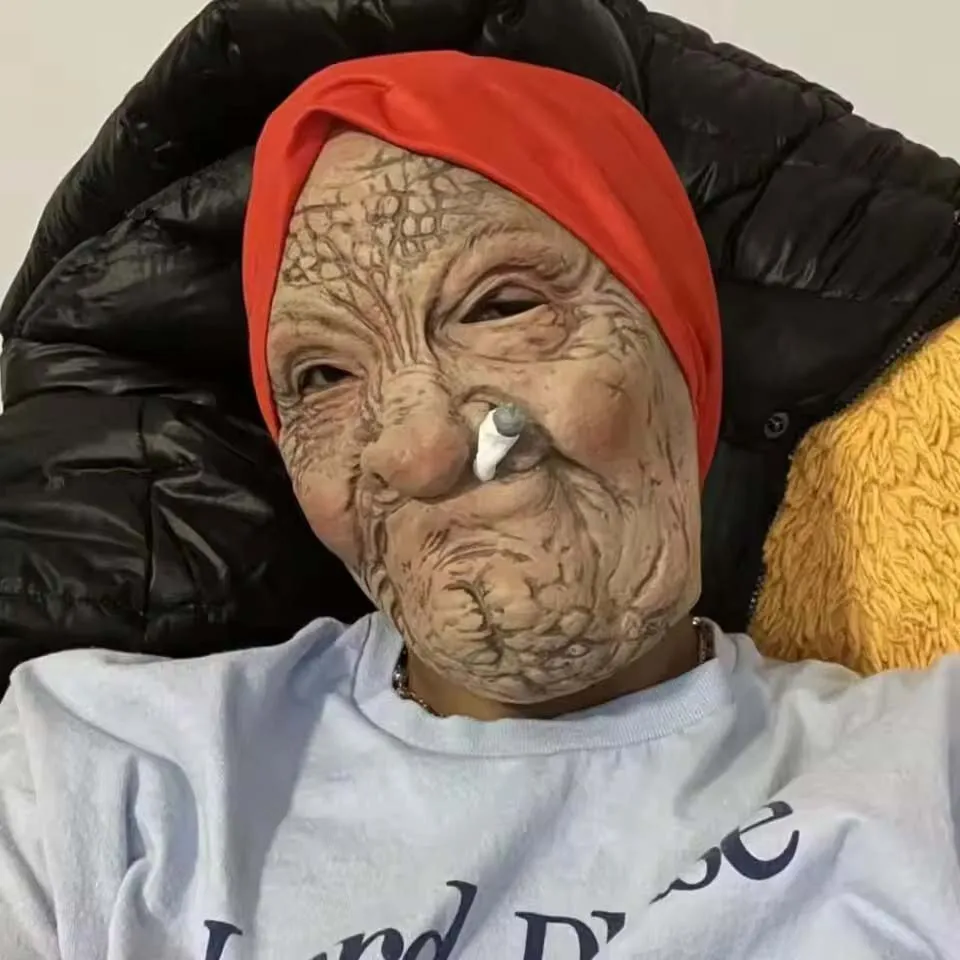 Funny Smoking Granny Old Nana Latex Mask Lady Grandma With Wrinkled Face and Red Scarf Masks Halloween Party Costume Props - view 3