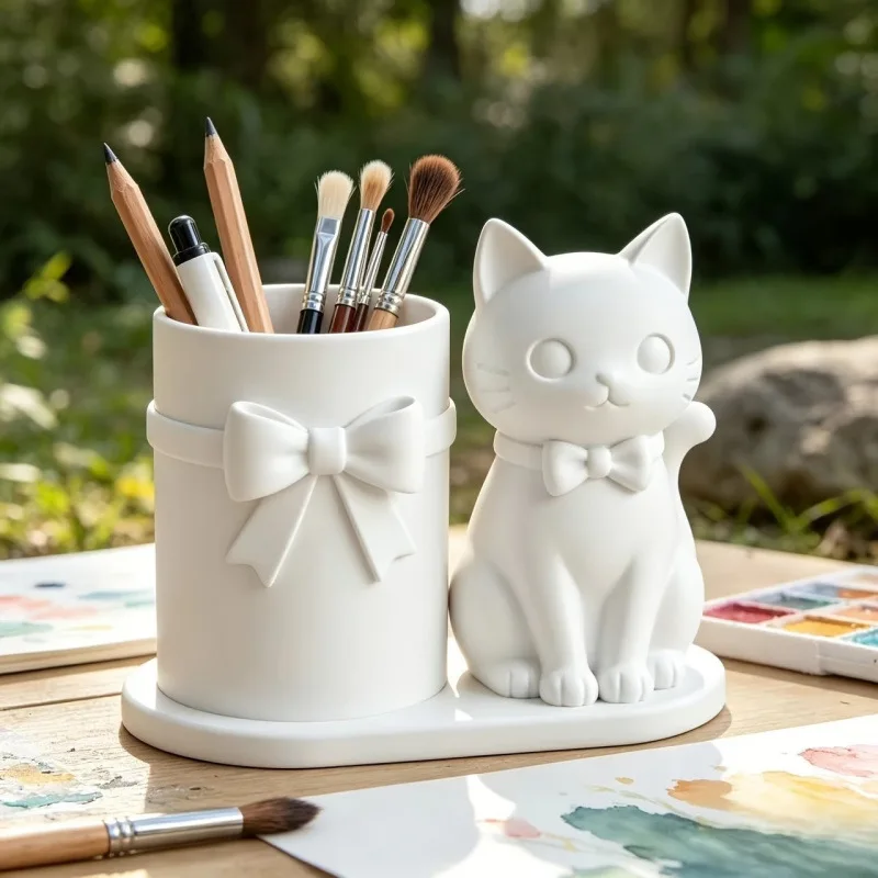 Back To School Cute Cat Bow Pen Holder Desktop Stationery Organizer Pencil Cup Makeup Brush Storage Container Office Desk Decor