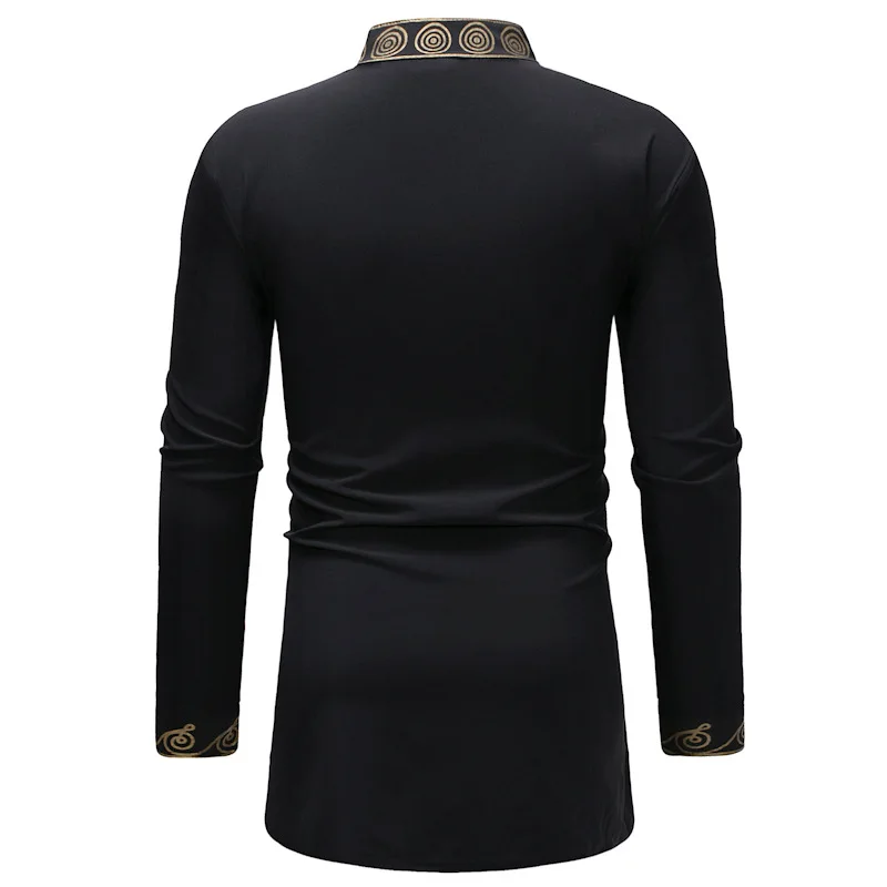 Middle East Dubai Saudi Arabia Mid Length Men's Shirt Muslim Men's Clothing Gilded Printed Standing Collar Islam Black Shirt