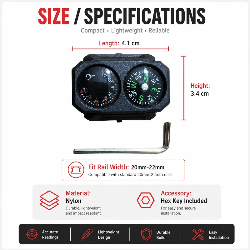 Nylon Rail‑Mount Compass Thermometer Ornament Universal 20‑22MM Model Accessory with Install Wrench