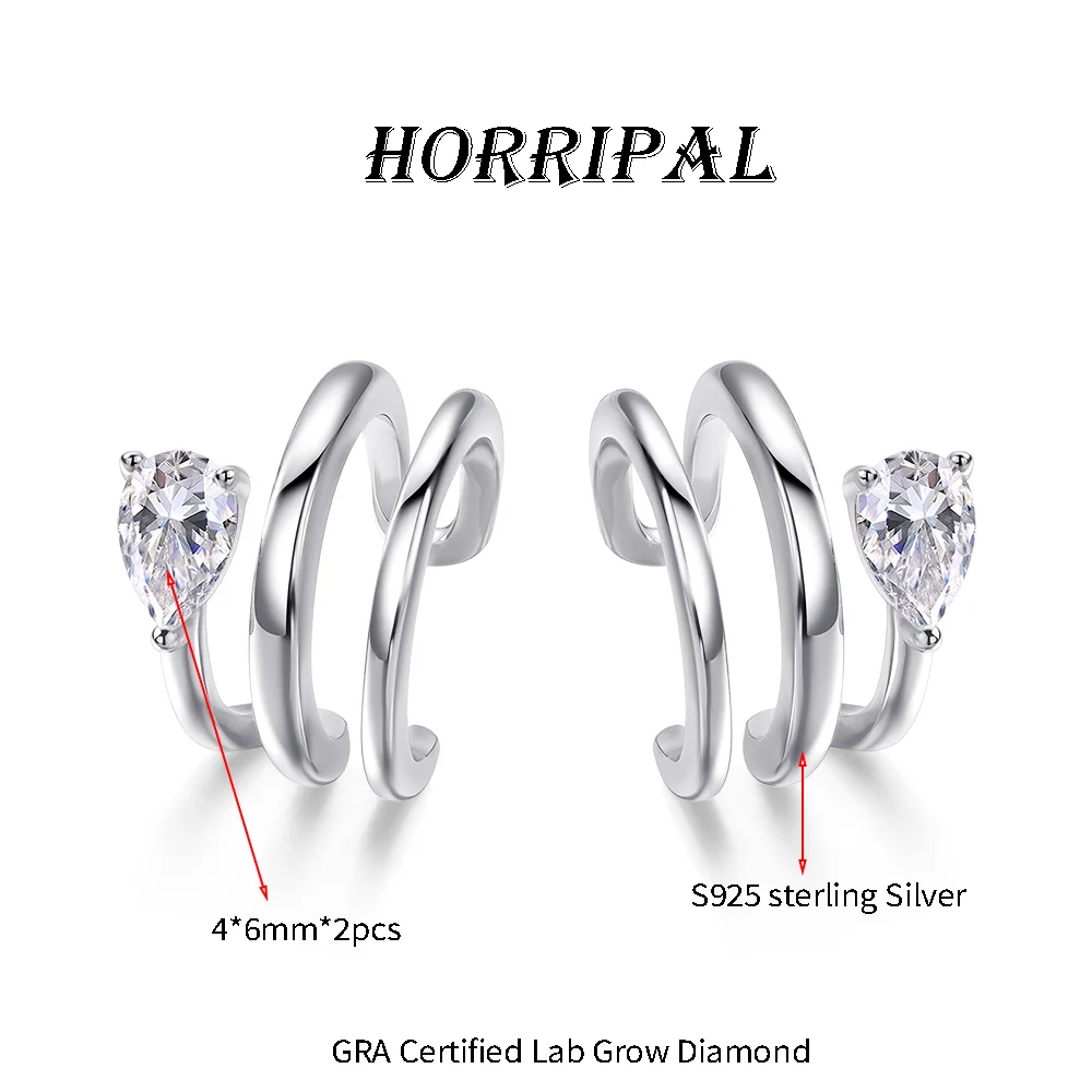 HORRIPAL D VVS1 Pear Cut Moissanite Triple Band Clip Cuff Earrings for Women GRA 925 Sterling Silver New Special Fashion Jewelry