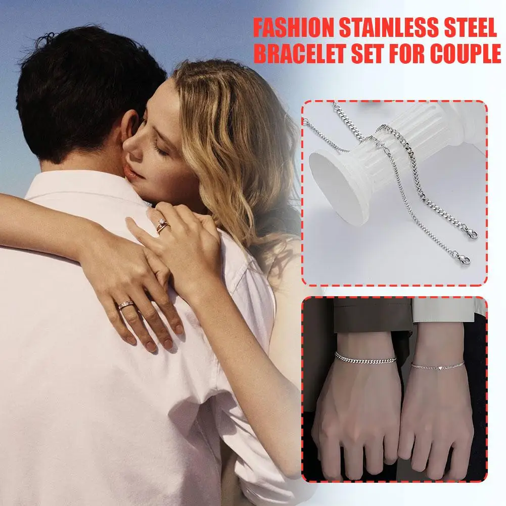 2PCS Einfache Mode Edelstahl Armband Set für Paar Unisex Frauen Männer Liebhaber Kristall Herz Silbrig Kette Armbänder Schmuck