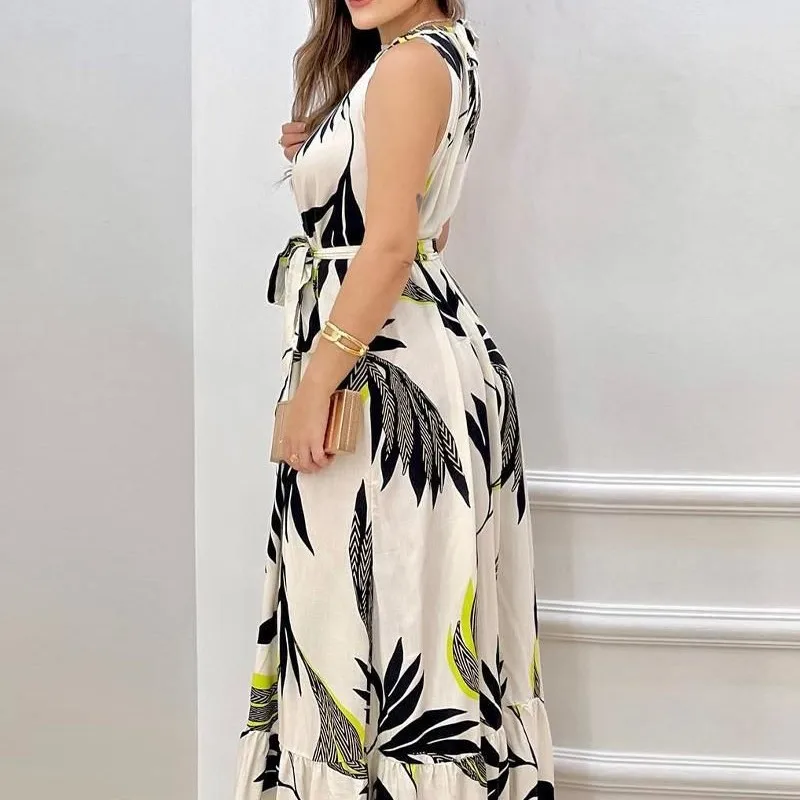 Letnia sukienka damska na lato 2025, nowa, codzienna, modna, bez rękawów, z dekoltem typu halter, z wysokim stanem, koronkowa, z kwiatowym nadrukiem, długa spódnica z falbanami.