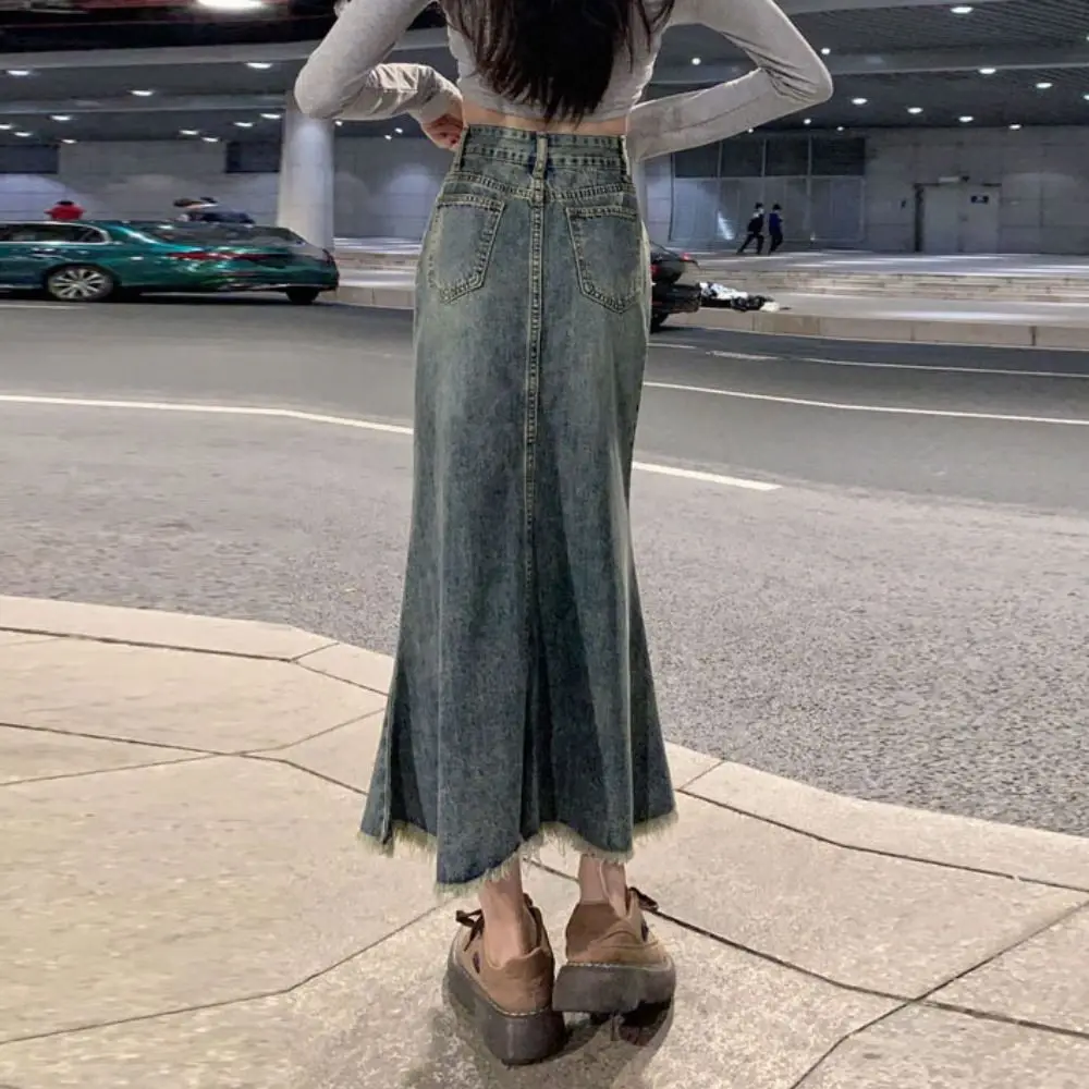 Classic High Waist Denim Skirt Women Solid Color Chic High Waist Long Skirt Retro Loose Hairy Fishtail Skirt Summer