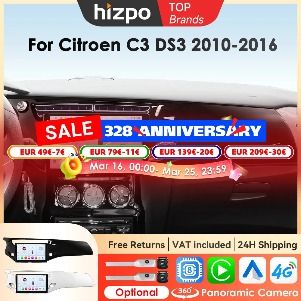 Hizpo lecteur multimédia de voiture pour citroën C3 DS3 2010 - 2016 Navi GPS 4G sans fil CarPlay systèmes intelligents Autoradio écran BT