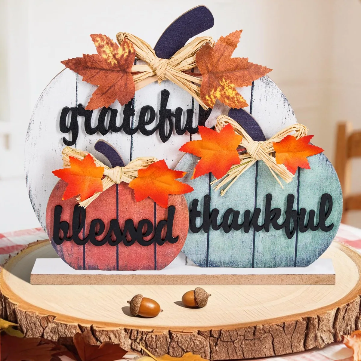

Wooden Pumpkin Fall Thanksgiving Table Decor Handmade Autumn Pumpkin 3D Letter for Farmhouse Blessed Grateful Thankful Decor