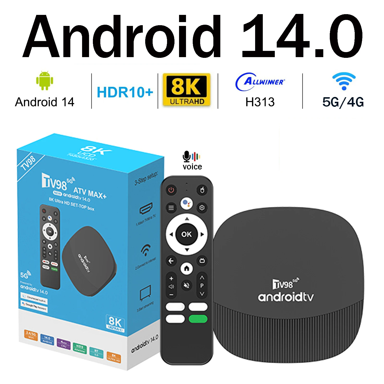 TV Box Android 14 Ultra HD 8K 4K 5G 4G Dual BT5.0 TV98 ATV MAX Plus Allwinner H313 Voice Remote Media Player WiFi IPTV