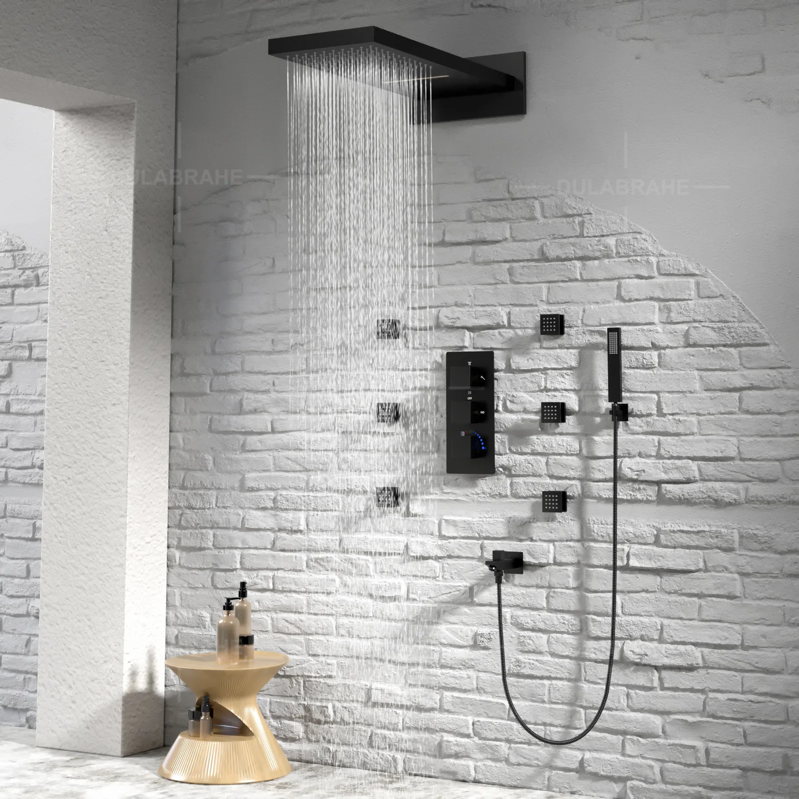 

Bathroom Concealed Shower Set Multifunctional Copper Black Wall Canopy Flying Rain Waterfall Shower Head