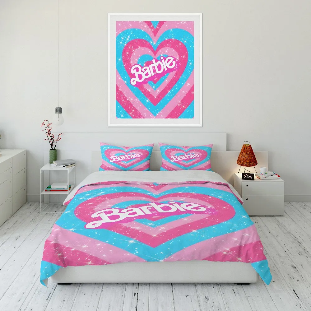 10 Sizes MINISO Barbie Printed Printed Quilt Cover Pillowcase Bedding Set Kids Adult Comfortable Bed Set Twin King Pink Decor