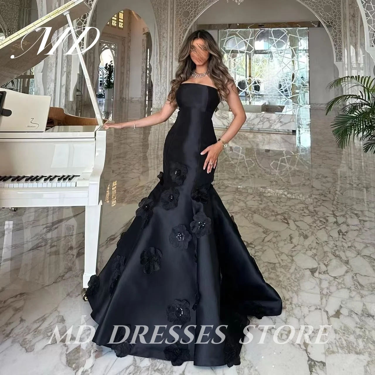 MD Modern Black A-line Evening Gown With Appliques Trumpet Special occasion vestidos de fiesta customised Prom Gown 2025