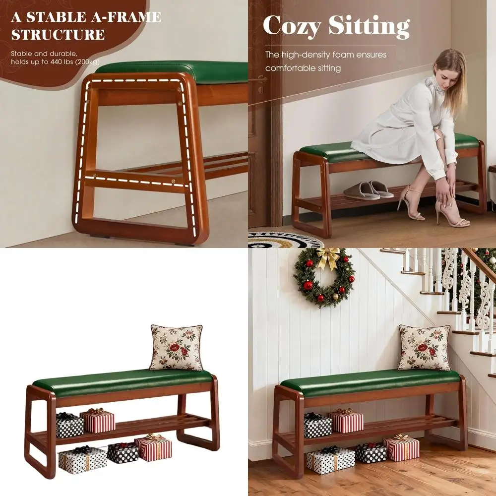 Green Entryway Shoe Rack with Cushion, 2-Tier Organizer for Hallway and Living Room (39.37 Long)