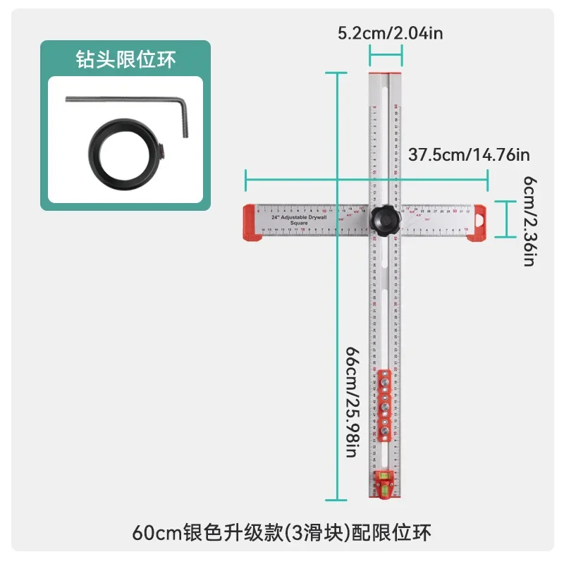 Woodworking Multifunction 2-in-1 Hole Locator Ruler Measuring Square T-Square T-Type Slider Combination Angle